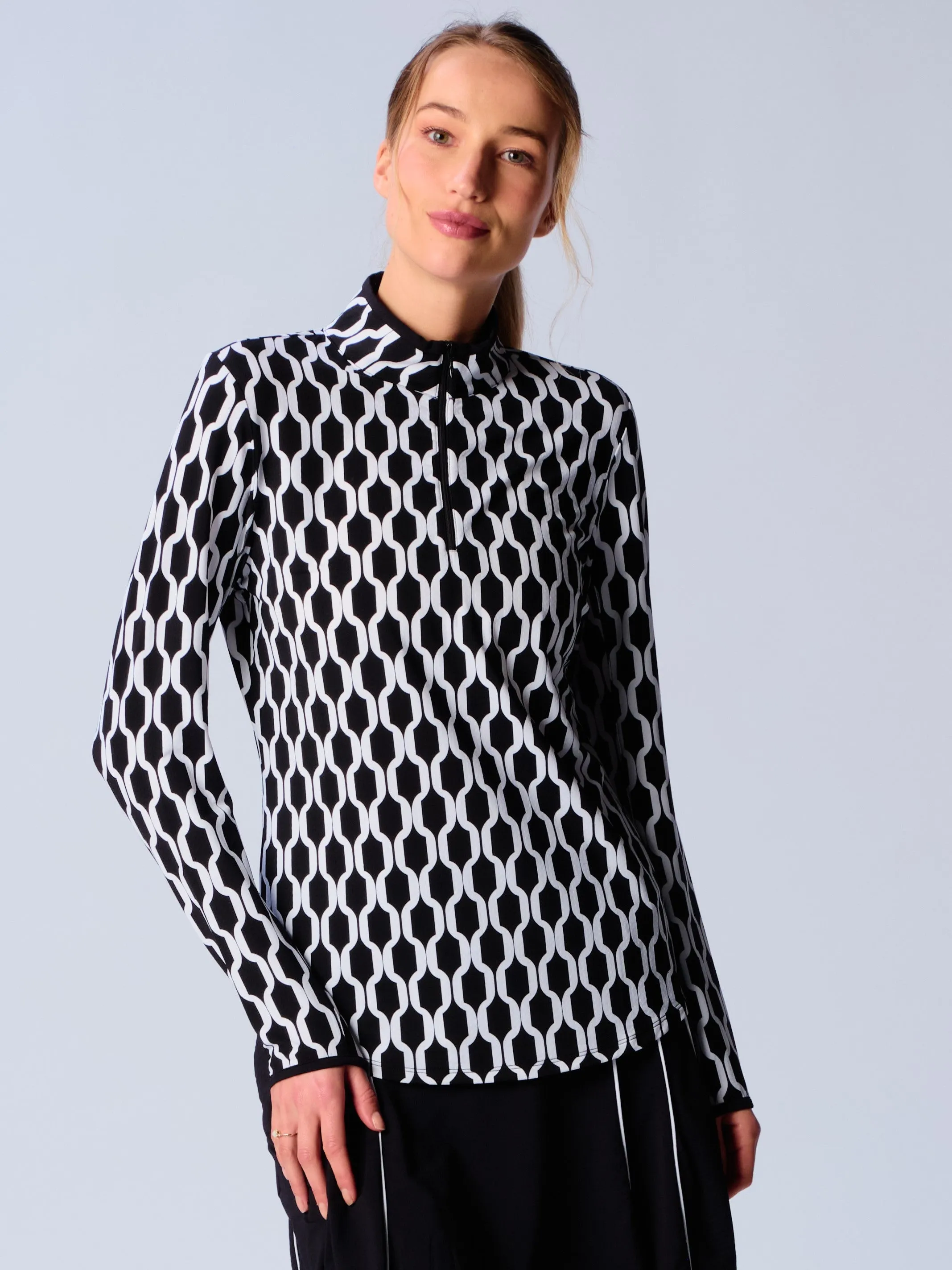 Color Block Trim Quarter Zip Long Sleeve Top In Black Geo TaglessCollar Compact Jacquard Weave