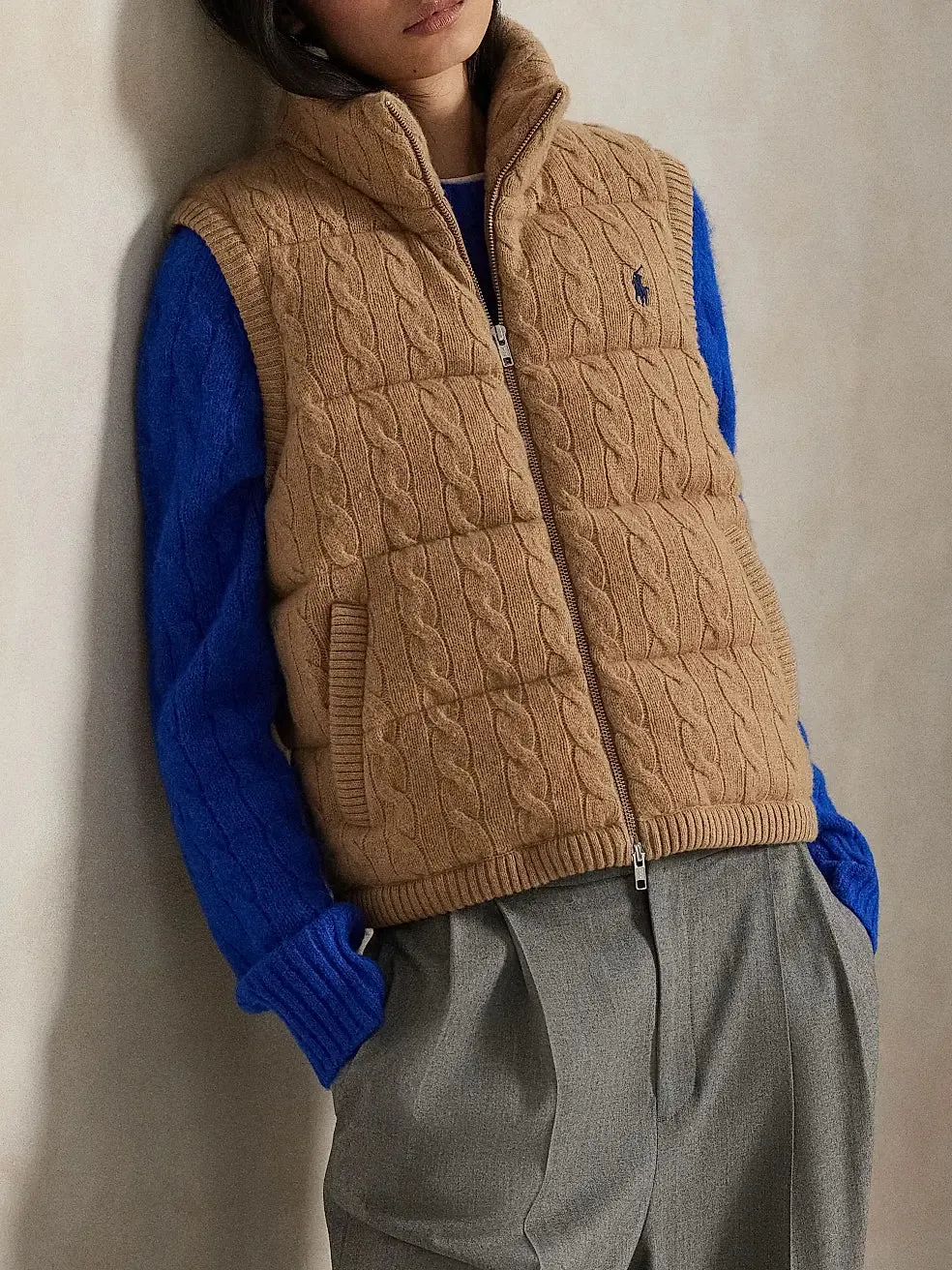 RALPH LAUREN WOOD SWEATER PUFFER VEST Airflow Mesh Lining Flexible Waistband Adaptation