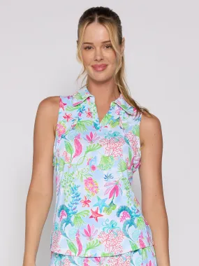 Sleeveless Ruffle Polo Top in Light Blue Sea Hidden Zipper Hypoallergenic Fiber