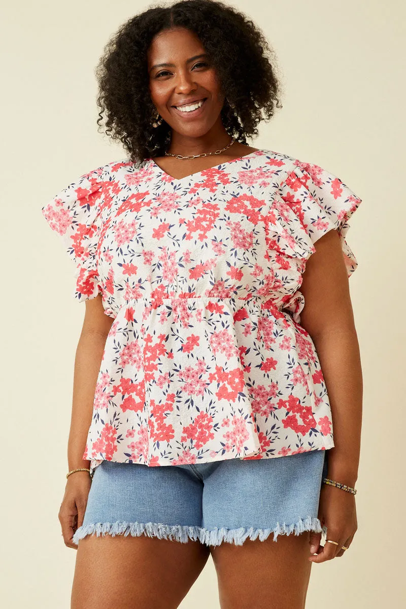 Smooth Seam Transition Floral Exaggerated Textured Ruffle V Neck Peplum Tank