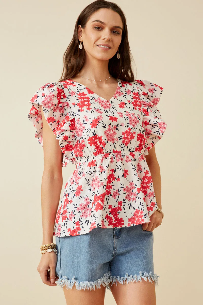 ReflectiveDetails MultiPocketDesign Floral Exaggerated Textured Ruffle V Neck Peplum Tank
