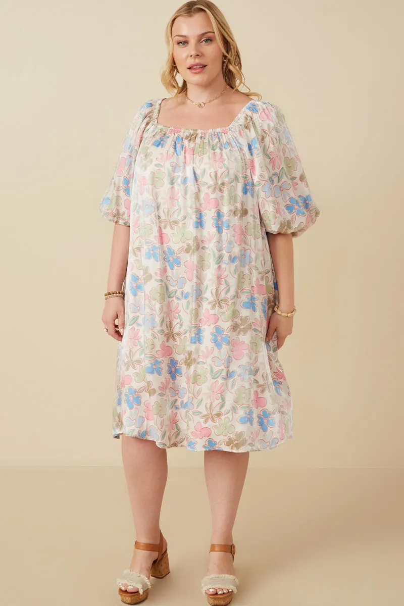 Lace-Trim Floral Puff Sleeve Foiled Dress
