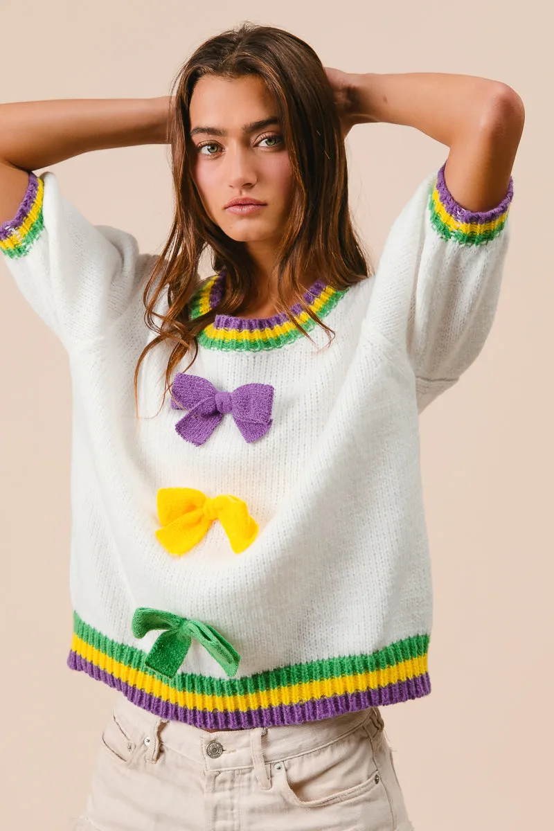 IT3155-01 | SHORT PUFF SLEEVE RIBBON BOW MARDI GRAS SWEATER Snag Resistant Surface Comfortable Collar