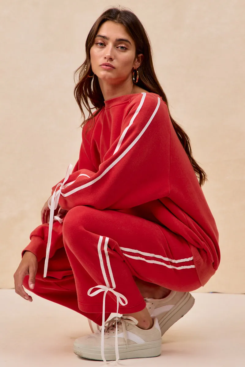 IB1856G-01 | SIDE LINED BOW DETAILS WASHED FLEECE SWEATPANTS DoubleLayeredHem