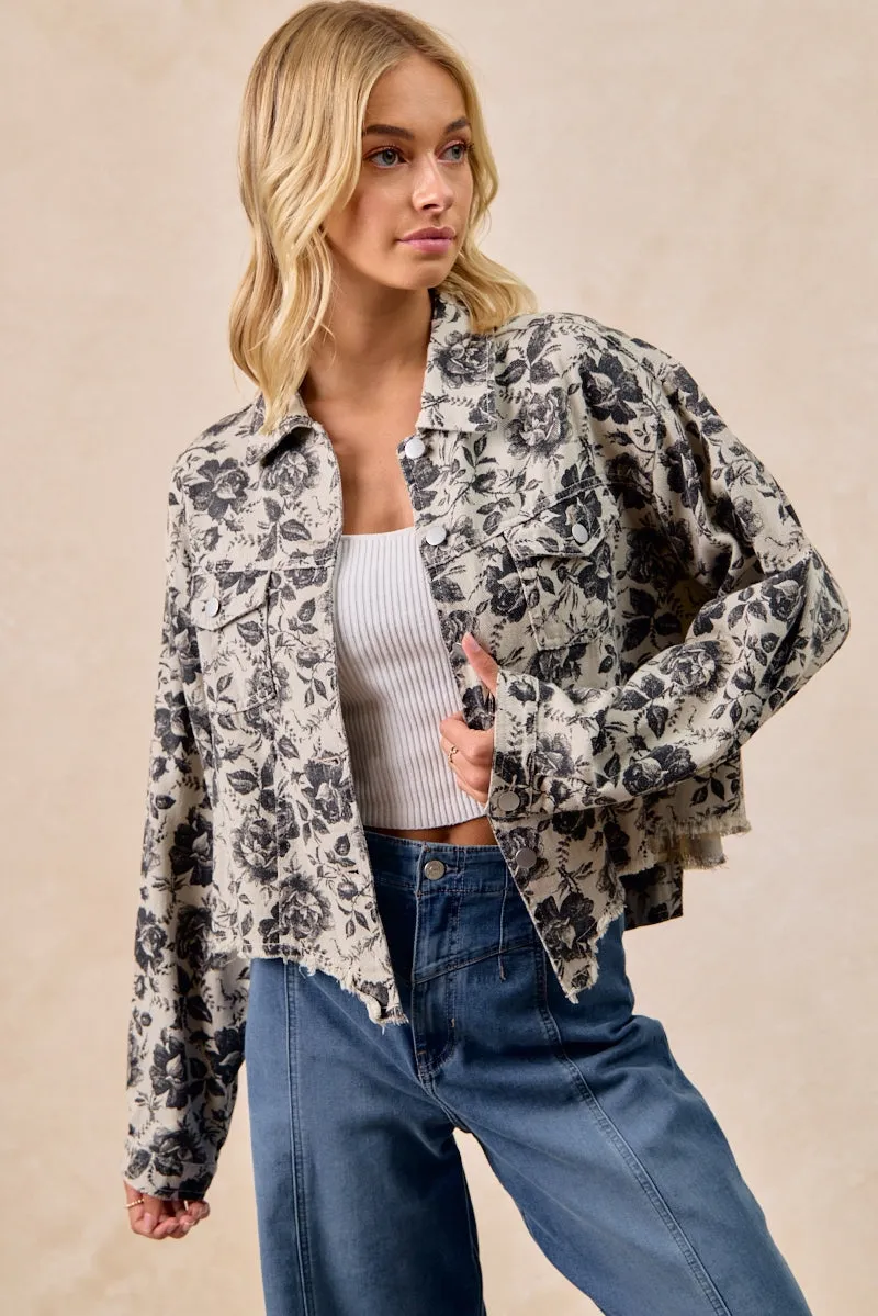 Neutral Fit Design IP6187S-57 | WASHED ROSE PRINTED CROPPED DENIM JACKET