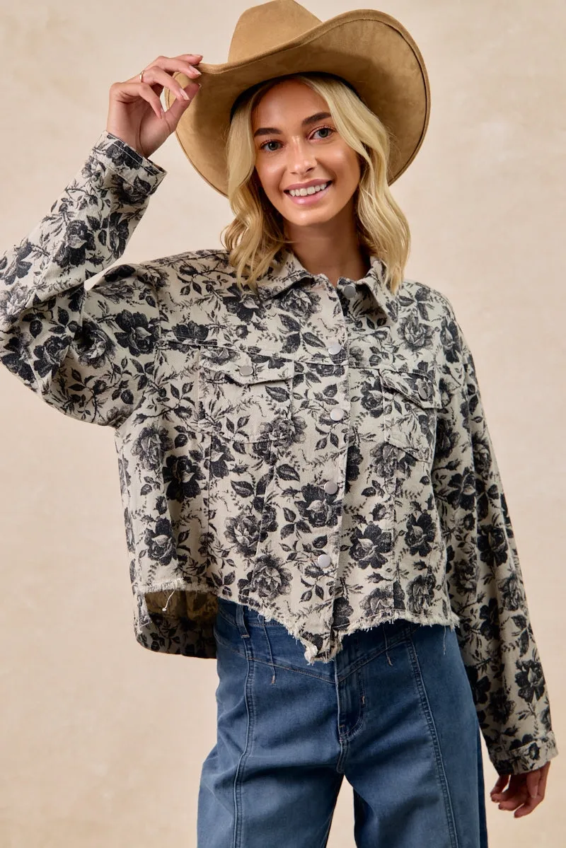 IP6187S-57 | WASHED ROSE PRINTED CROPPED DENIM JACKET Autumn Wear Comfort Flex Fit