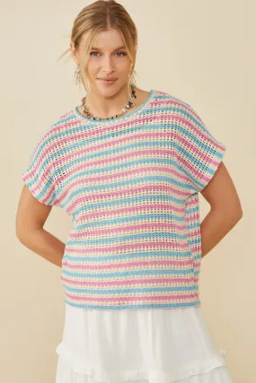 Open Knit Multi Stripe Boxy Dolman Top High Durability Material
