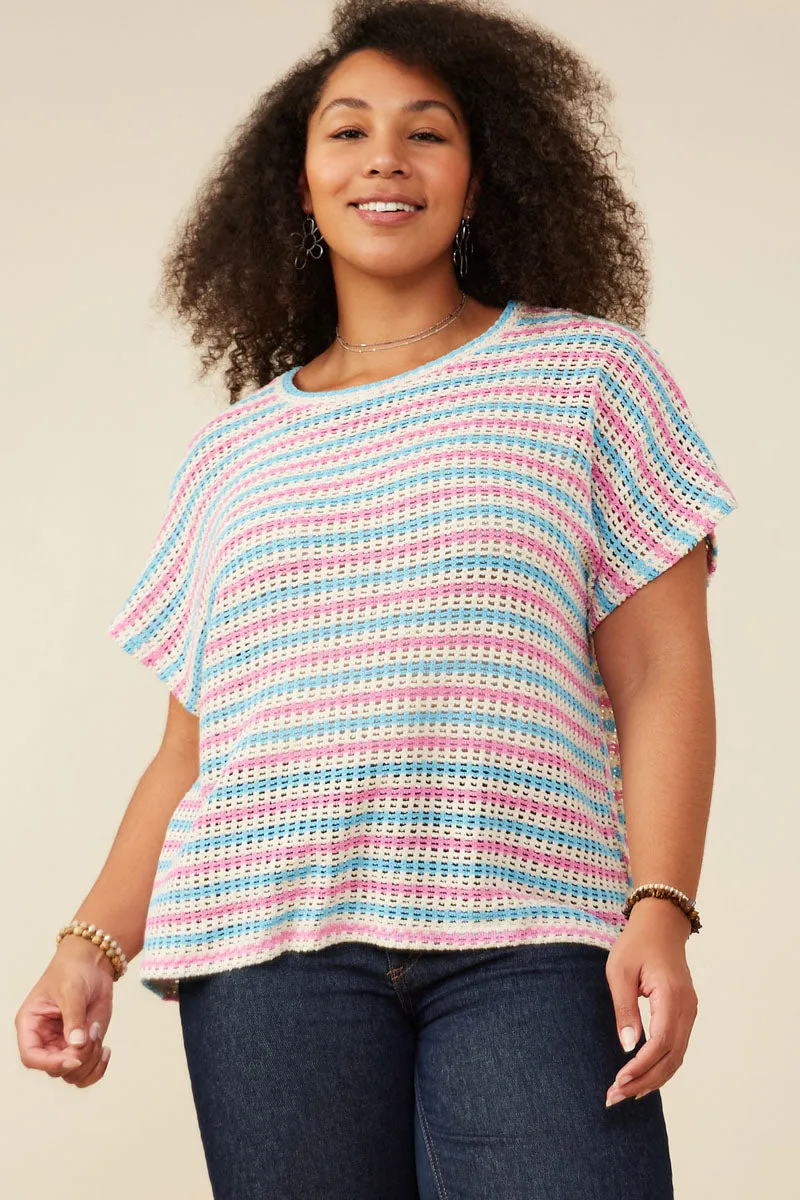 Sweat Absorbing Lining Curved Hem Open Knit Multi Stripe Boxy Dolman Top