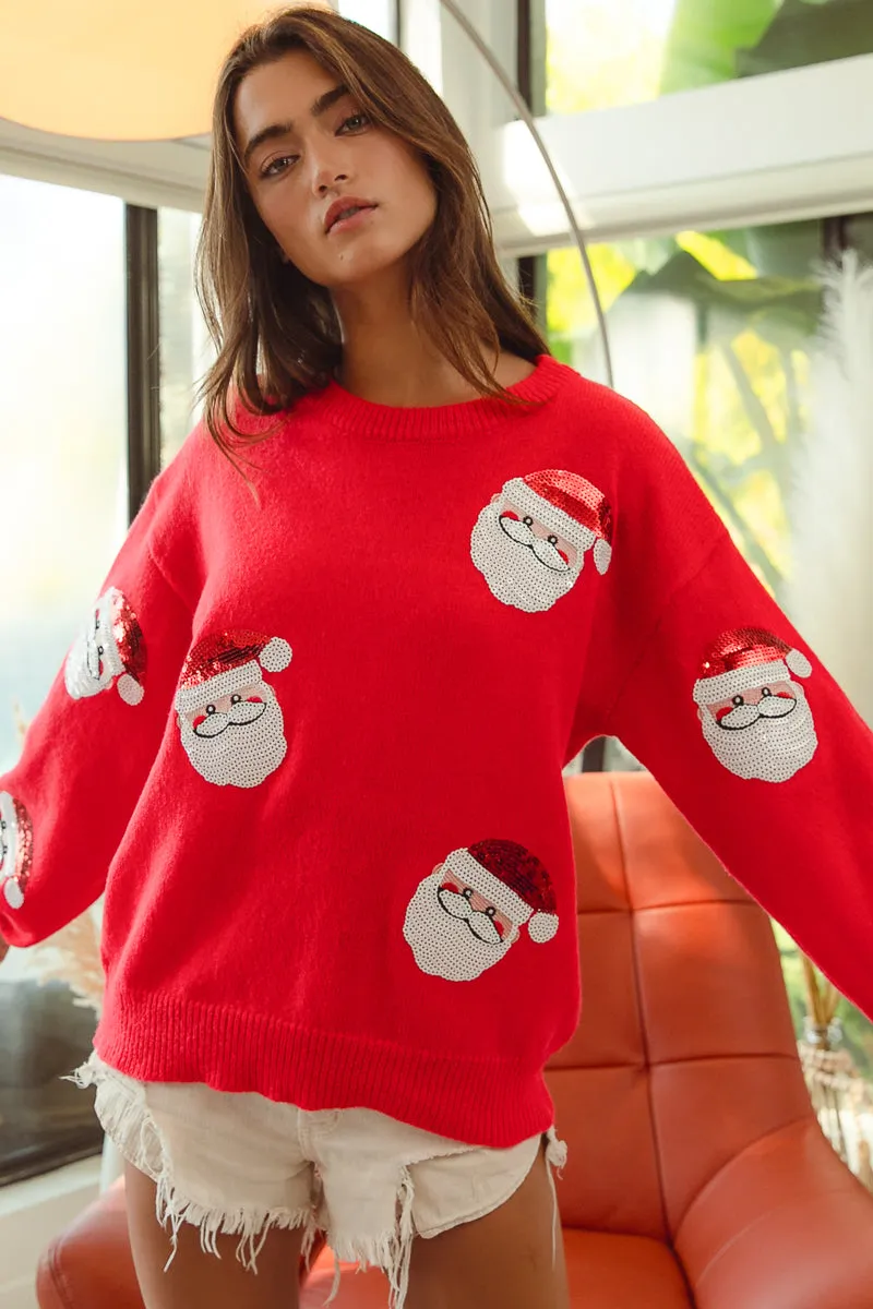 Wrinkle Resistant IP5685-32 | SEQUIN SANTA PATCHES SWEATER CHRISTMAS PULLOVER