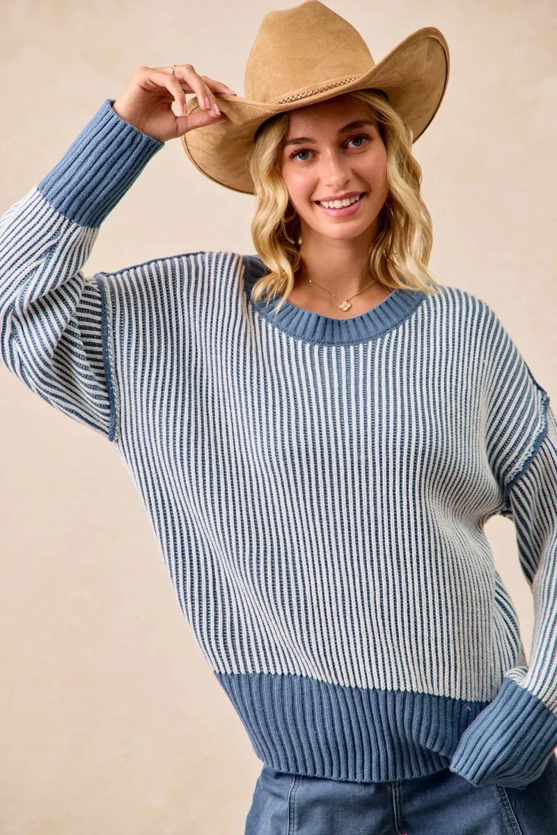 IT4372S-01 | TWO TONE RIB KNIT RELAXED FIT SWEATER TOP MoistureWickingTechnology