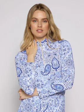 FlexibleNeckline Quarter Zip Sun Protection Top In Blue Paisley