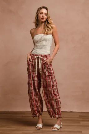 Soft Brushed Lining Eco Friendly Dye Process IB1573R-01P | PLAID LINEN BALOON PANTS WITH DRAWSTRING TIE