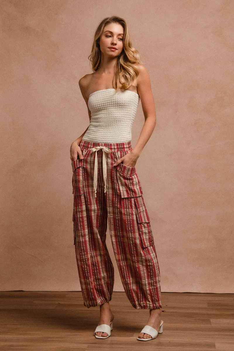 Soft Brushed Lining Eco Friendly Dye Process IB1573R-01P | PLAID LINEN BALOON PANTS WITH DRAWSTRING TIE