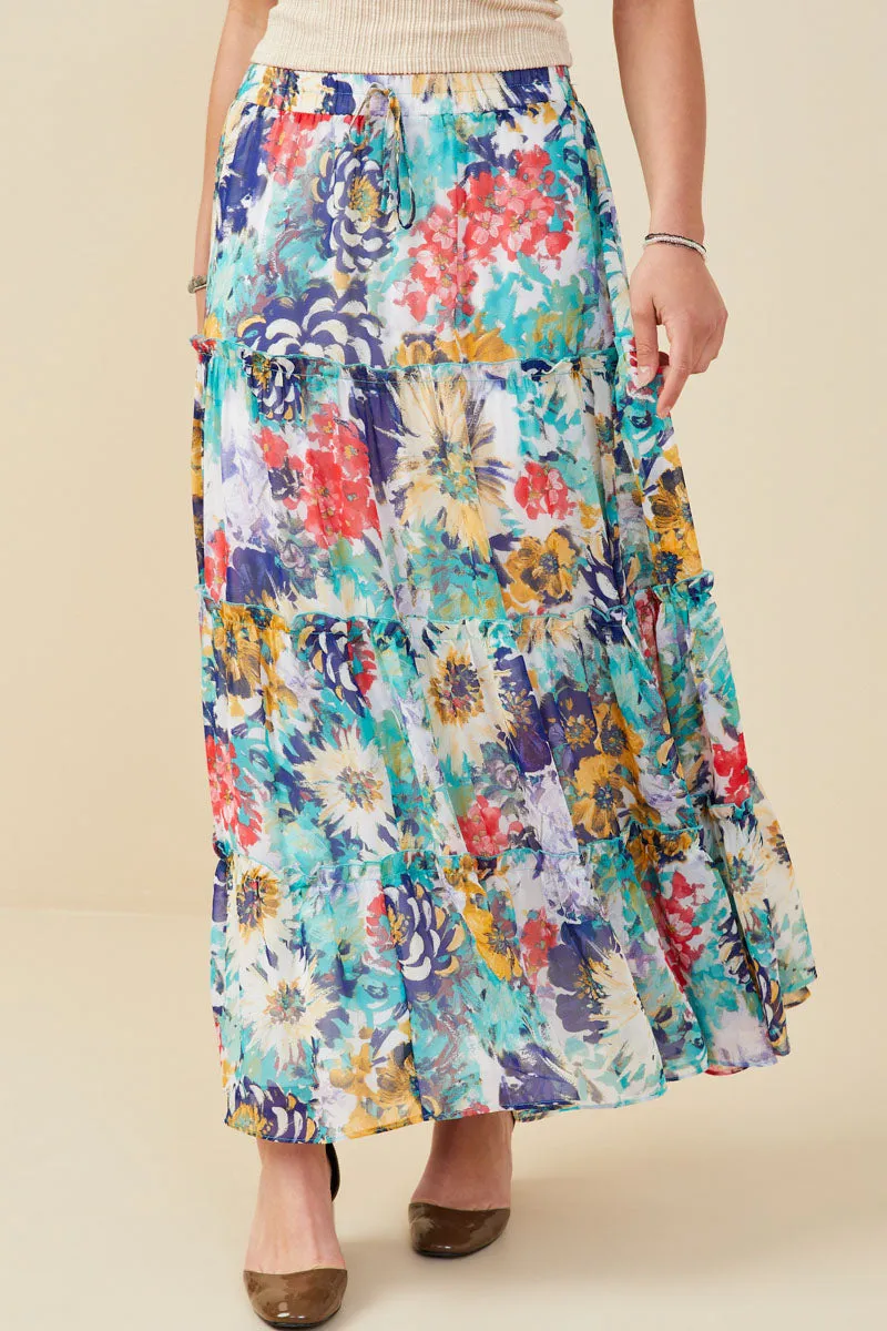 Vivid Floral Tiered Chiffon Maxi Skirt Classic Cut
