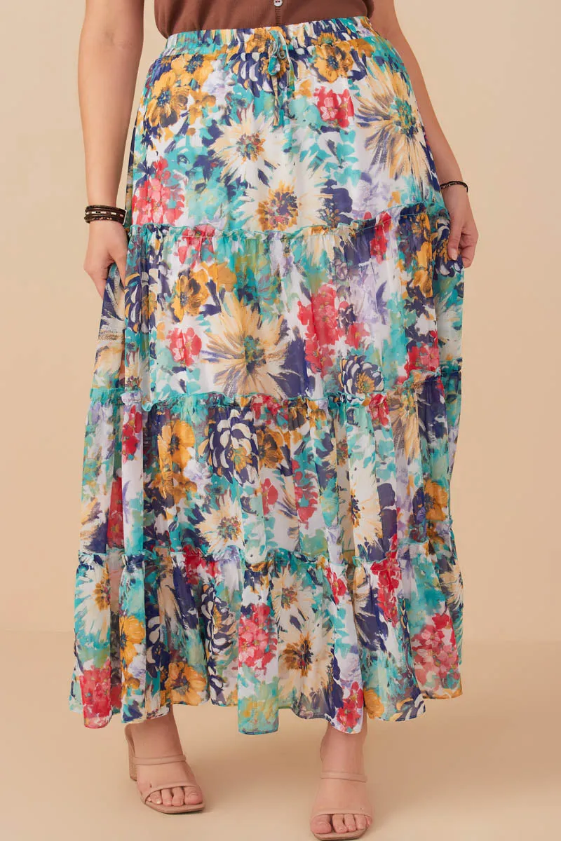 MultiPocketSystem Stay Flexible Vivid Floral Tiered Chiffon Maxi Skirt