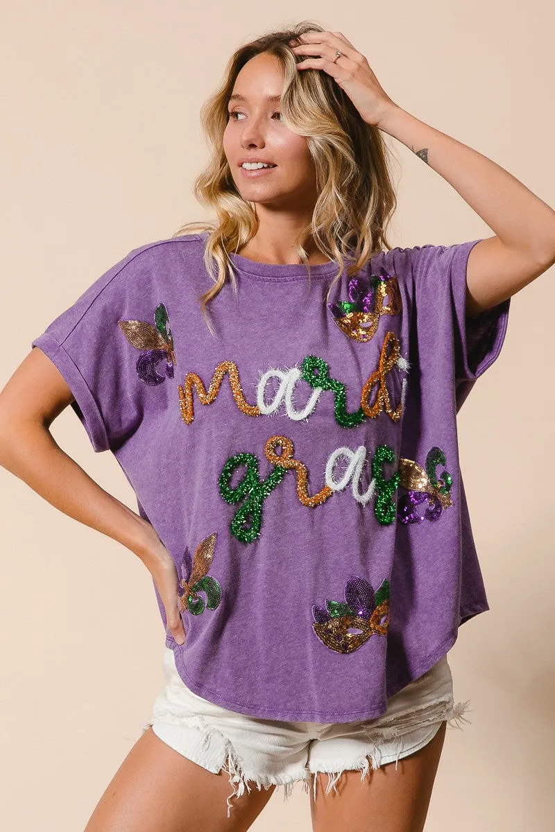 IP8188G-17 | MARDI GRAS LETTERING AND SEQUIN PATCHES WASHED TOP MagneticClosureSystem