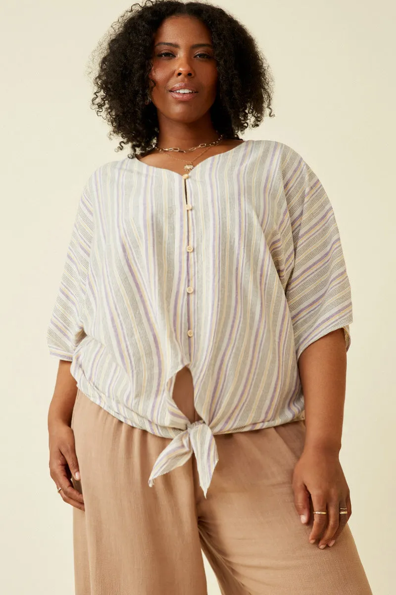 VentilatedMeshPaneling Buttoned Textured Strip Tied Dolman Top