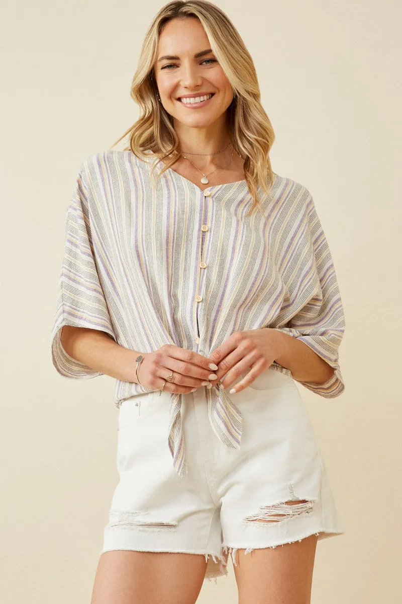 Buttoned Textured Strip Tied Dolman Top SnagResistant Fabric