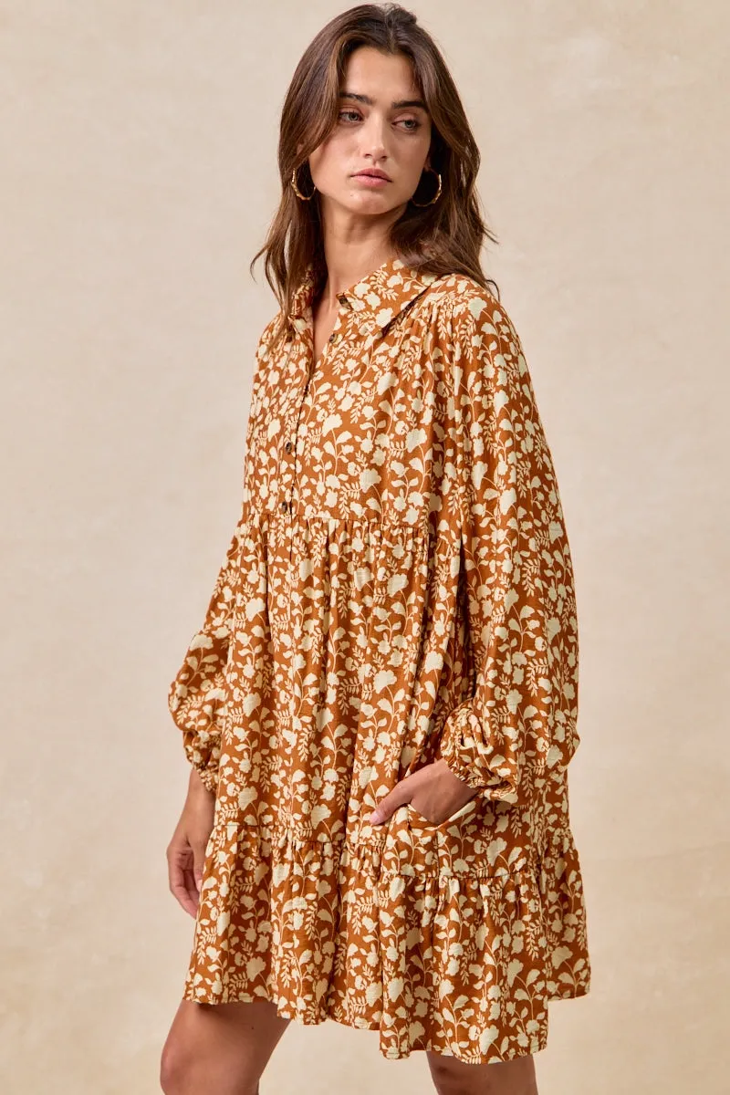ID2029G-18 | FLORAL PRINT SHIRRING HALF BUTTONED TIERED SHIRT DRESS Performance Comfort Cozy Comfort