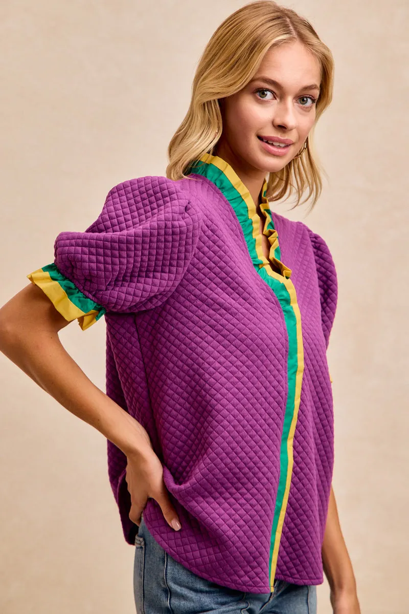 Skinny Fit IT4082G-04 | MARDI GRAS WOVEN CONTRAST RUFFLED PUFF SLEEVES TOP
