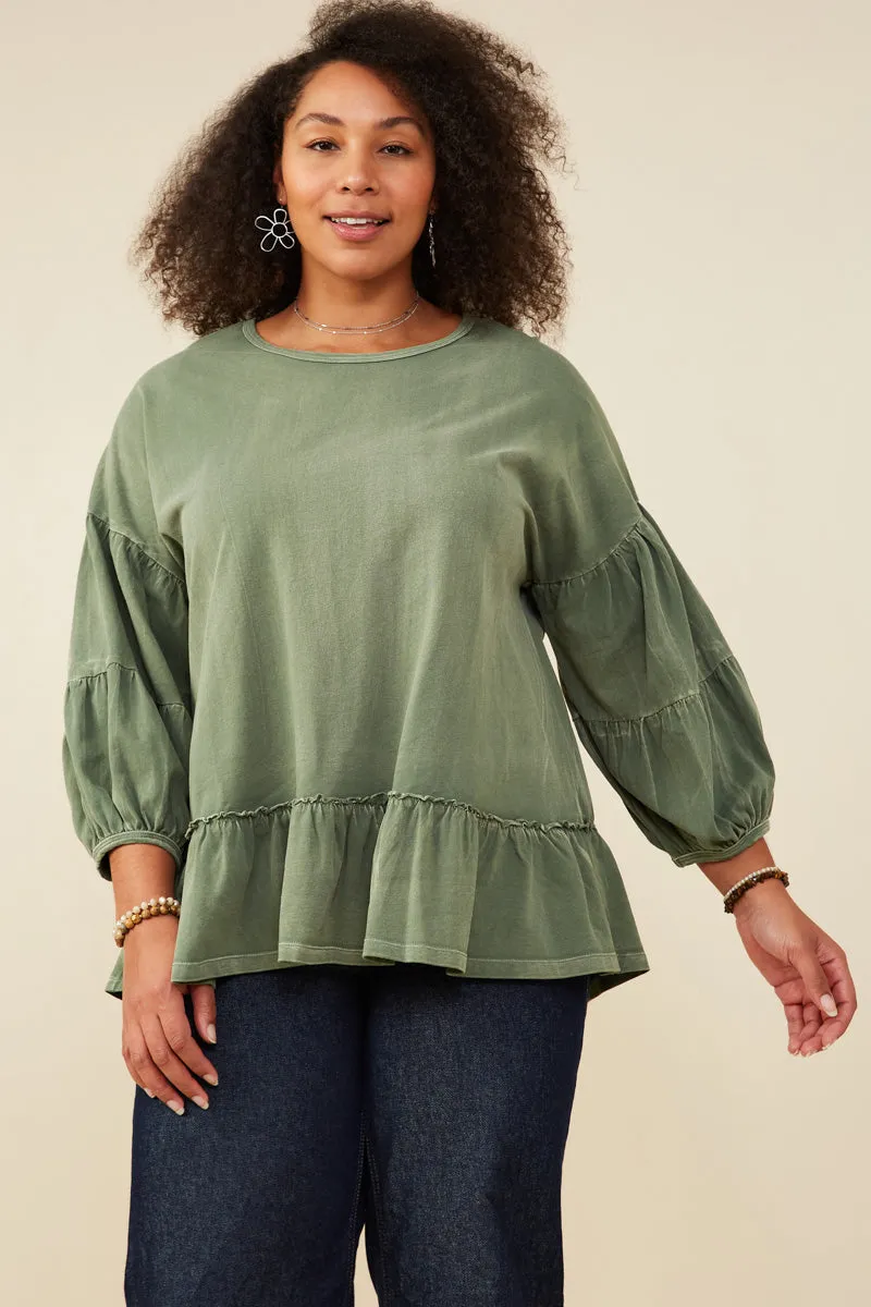 Double Layered Hem Treatment Washed Puff Sleeve Ruffled Top