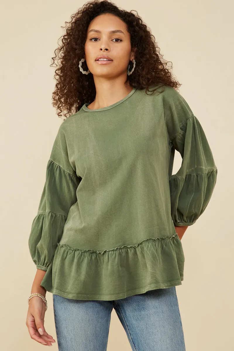 Treatment Washed Puff Sleeve Ruffled Top Textured Weave Pattern