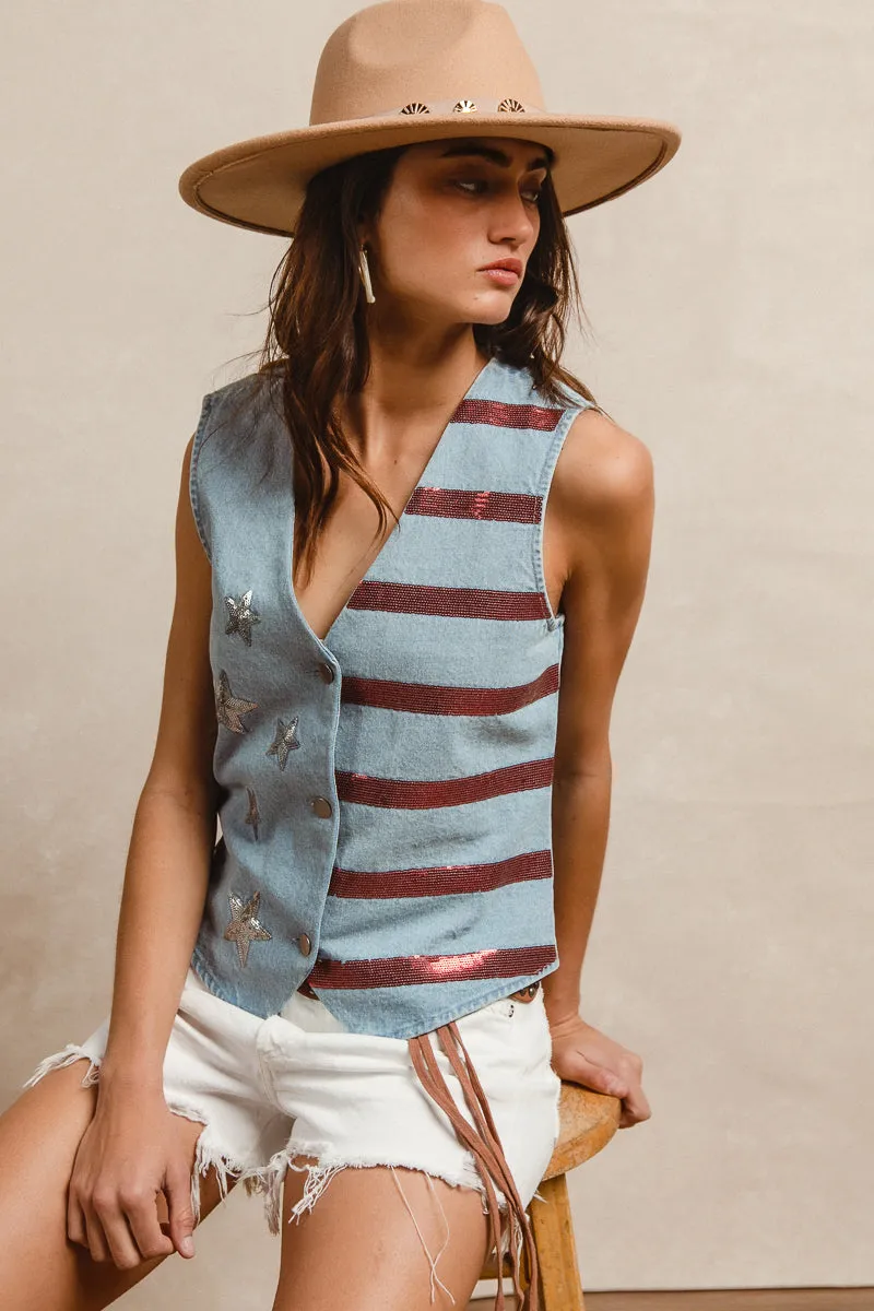 Abrasion Resistant Edging Rain Guard IT1962-01 | FOURTH OF JULY THEME SEQUINS ON TOP DENIM VEST