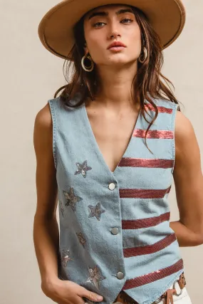 IT1962-01 | FOURTH OF JULY THEME SEQUINS ON TOP DENIM VEST All Year Double layer fabric