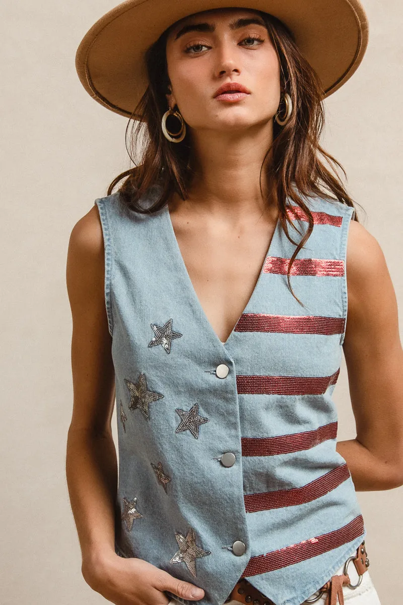 IT1962-01 | FOURTH OF JULY THEME SEQUINS ON TOP DENIM VEST All Year Double layer fabric