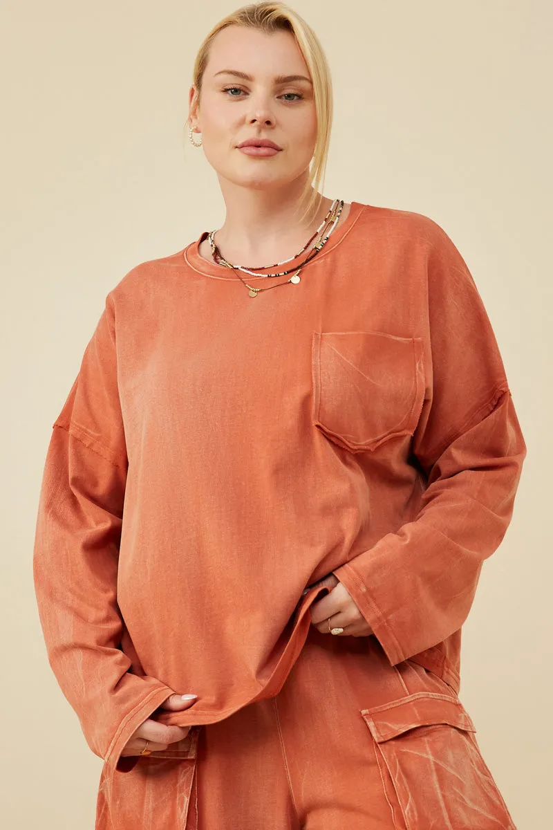 Washed Chest Pocket Long Sleeve Knit T Shirt Thermal Regulation Fabric