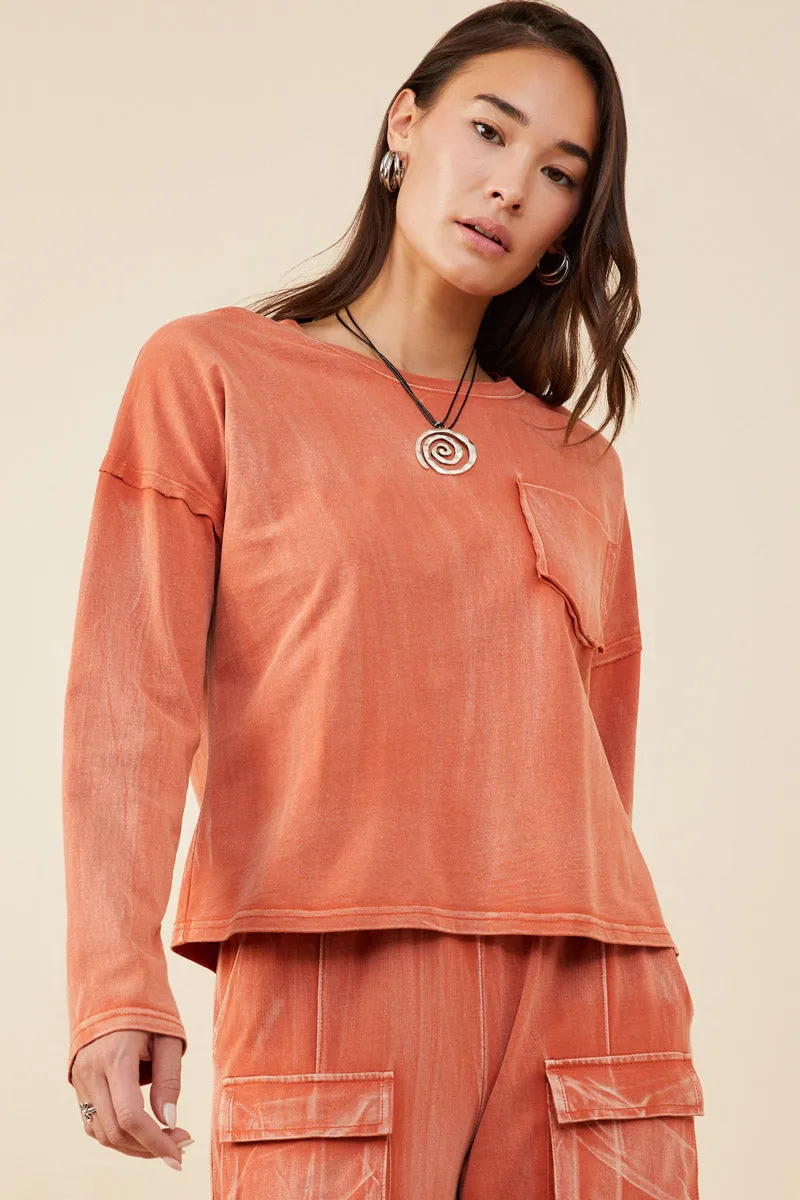 Washed Chest Pocket Long Sleeve Knit T Shirt AdjustableCuffSystem