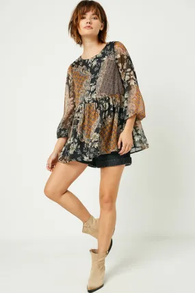 Basic Sweatshirt Long Sleeve Mixed Patchwork Print Top