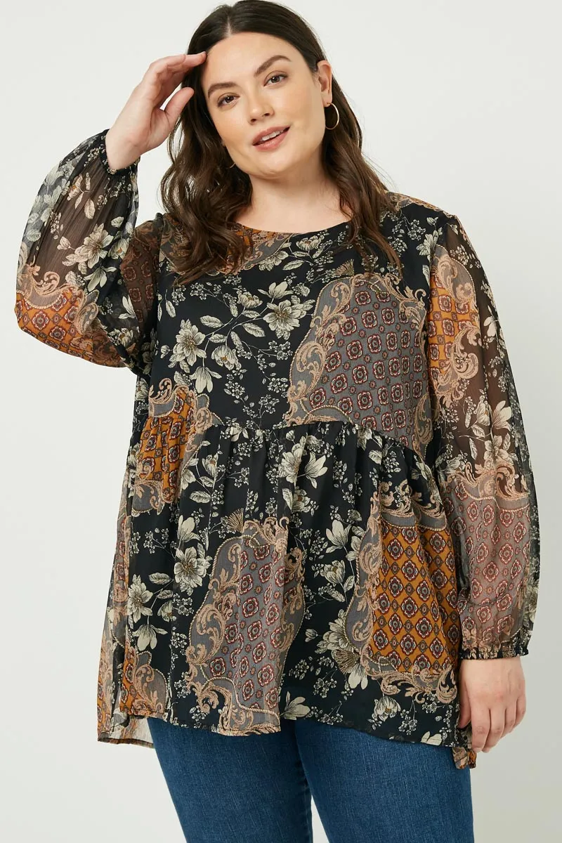 Long Sleeve Mixed Patchwork Print Top Erasable Surface Coating