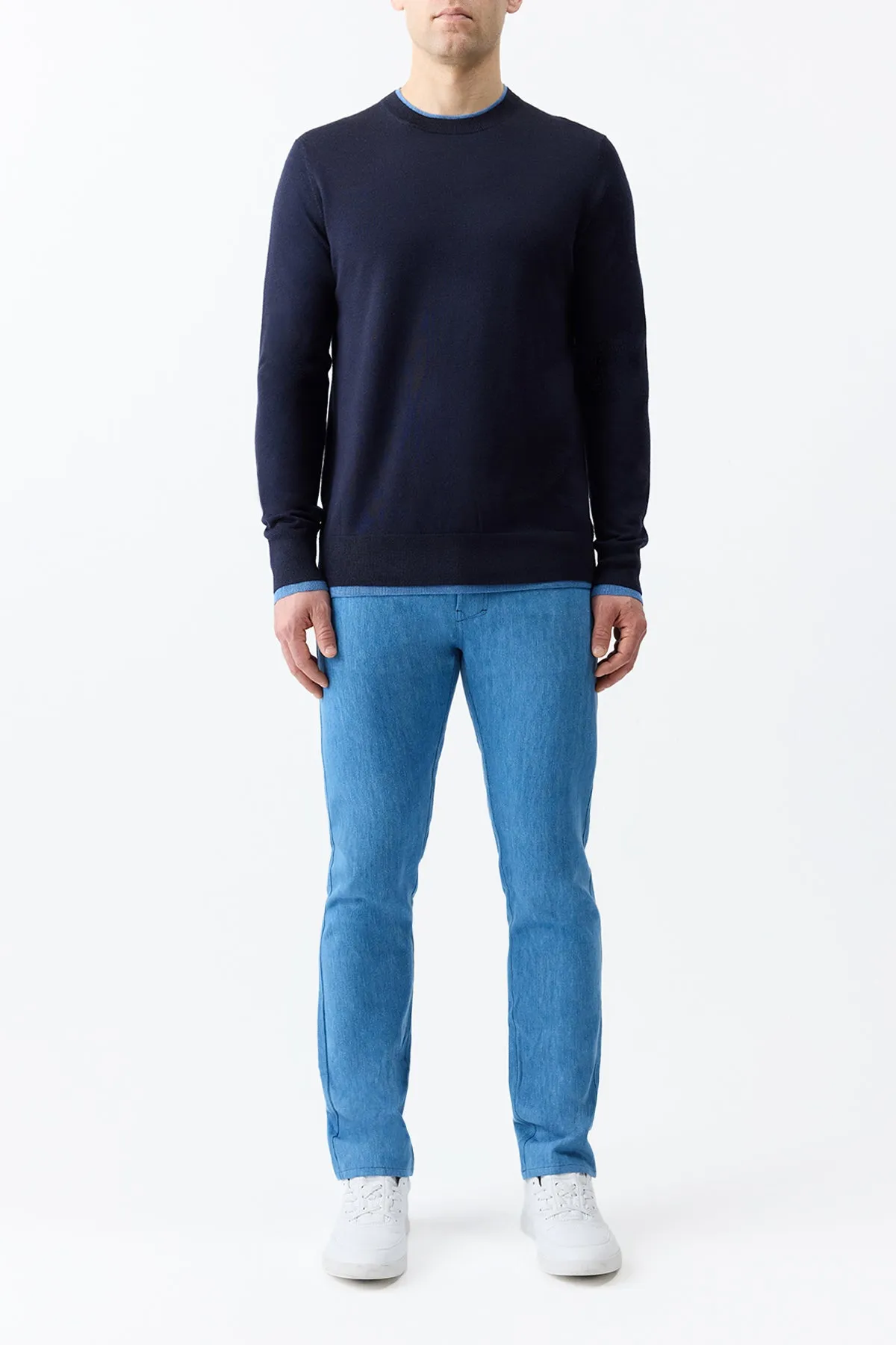Classic Layer Non Chafing Seams Wells Knit Sweater in Dark Navy & Sky Cashmere Silk