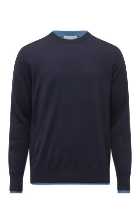 Reinforced Neckline Stretch Recovery Fabric Wells Knit Sweater in Dark Navy & Sky Cashmere Silk