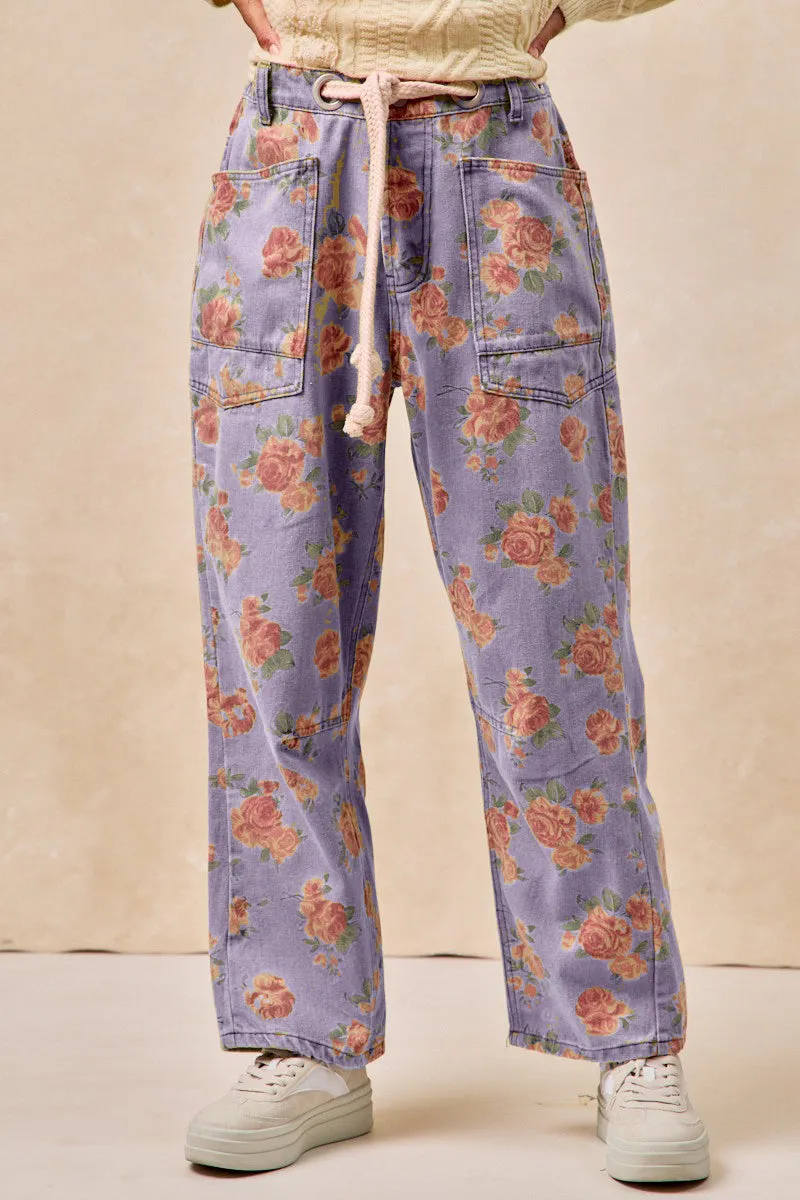 IB1537G-16 | BRAIDED WAIST BELT PATCH POCKETS FLORAL PRINT PANT ReinforcedElasticHem Magnetic Closure System