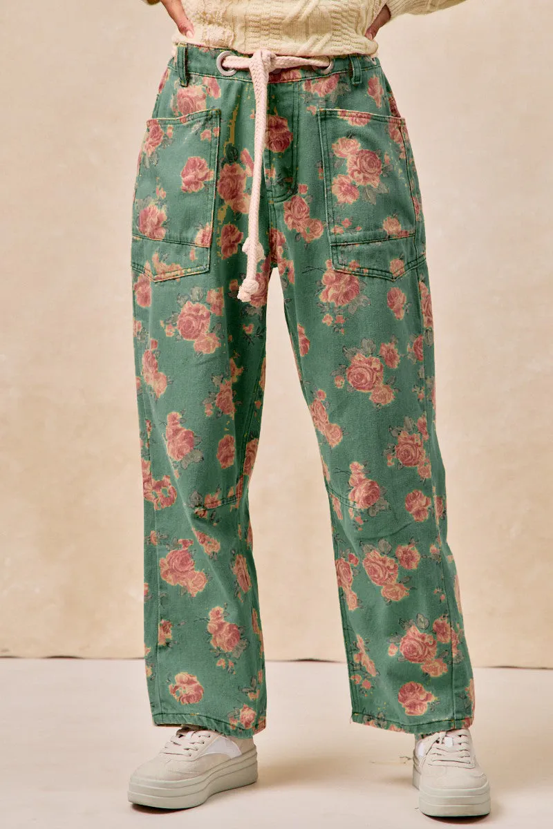 IB1537G-16 | BRAIDED WAIST BELT PATCH POCKETS FLORAL PRINT PANT Minimalist Design Flexible Cuffs