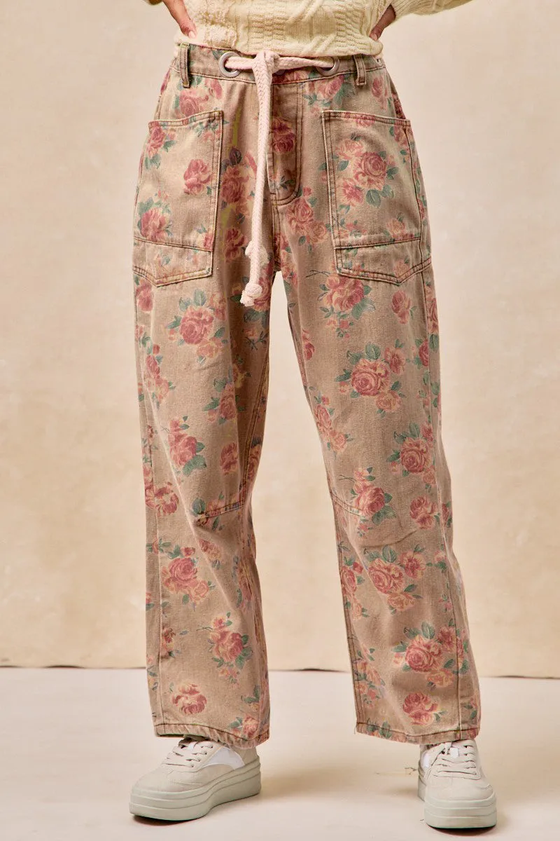 IB1537G-16 | BRAIDED WAIST BELT PATCH POCKETS FLORAL PRINT PANT Old Style
