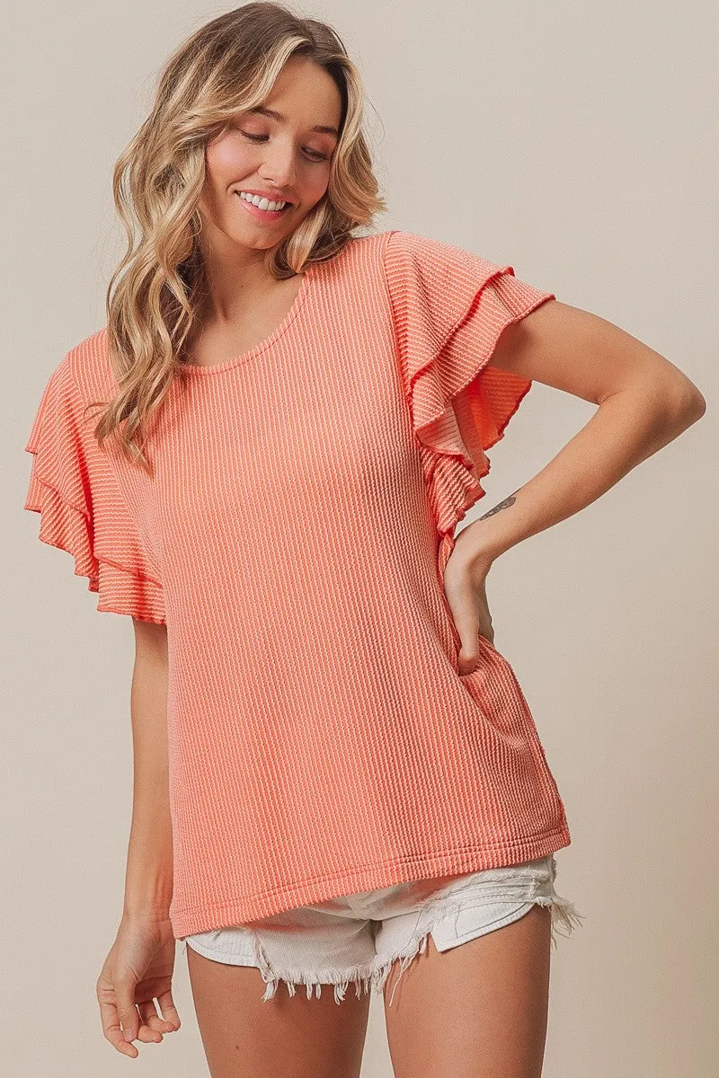 IP6582G-25 | RIB TEXTURED RUFFLED SLEEVE TOP Hygroscopic Inner Layer Breathable fabric