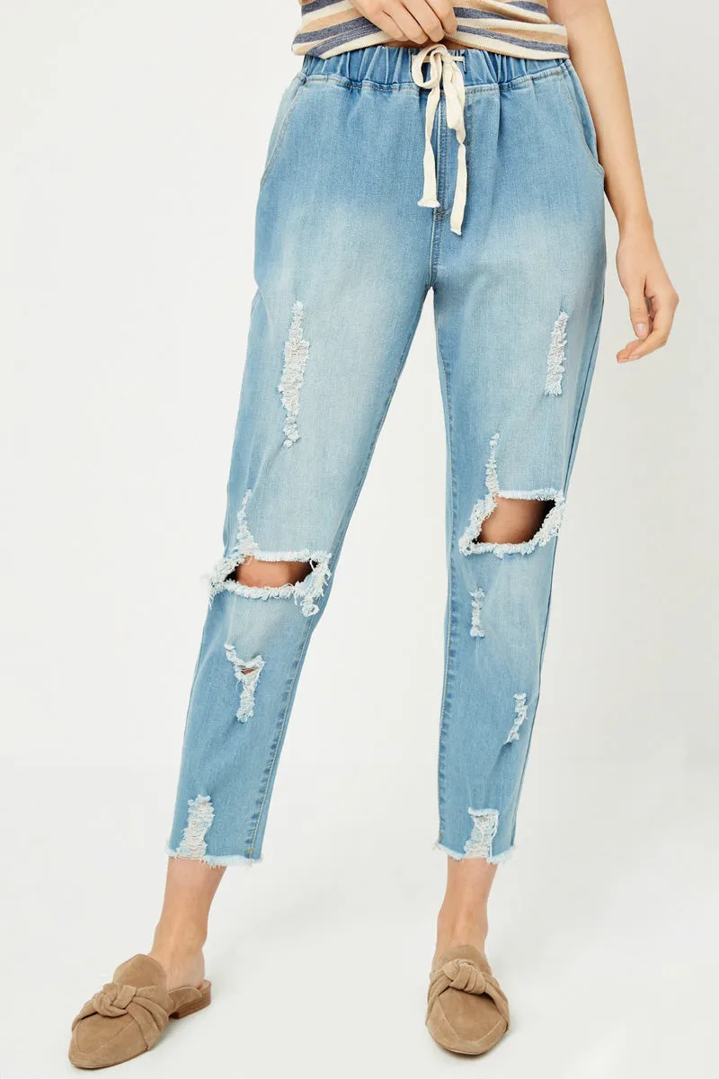 Distressed Drawstring Denim Jeans Structured fabric