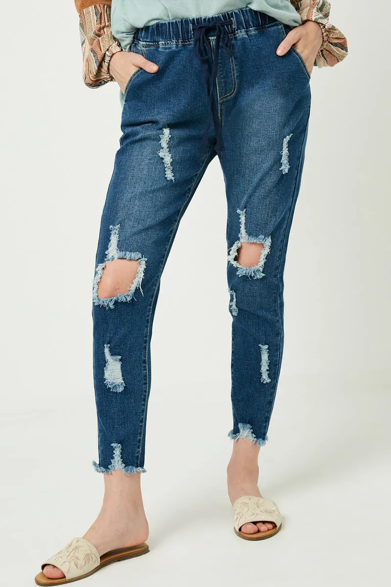 Lightweight Distressed Drawstring Denim Jeans