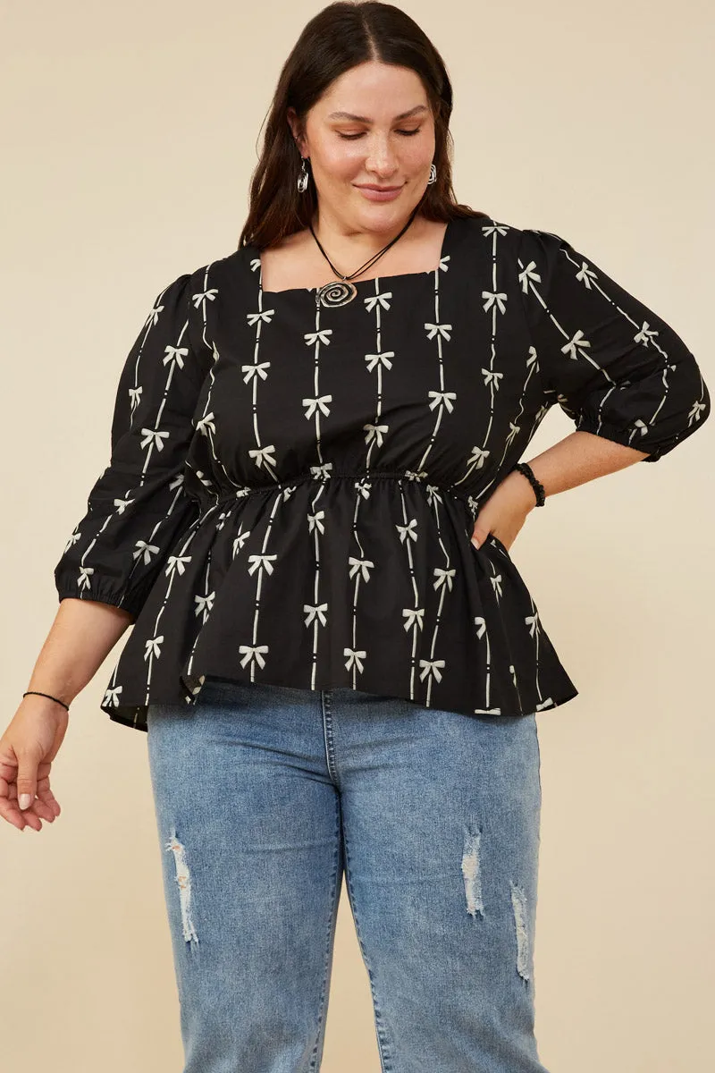 All Over Bow Print Peplum Top Bluesign Approved Material MicrofiberTech