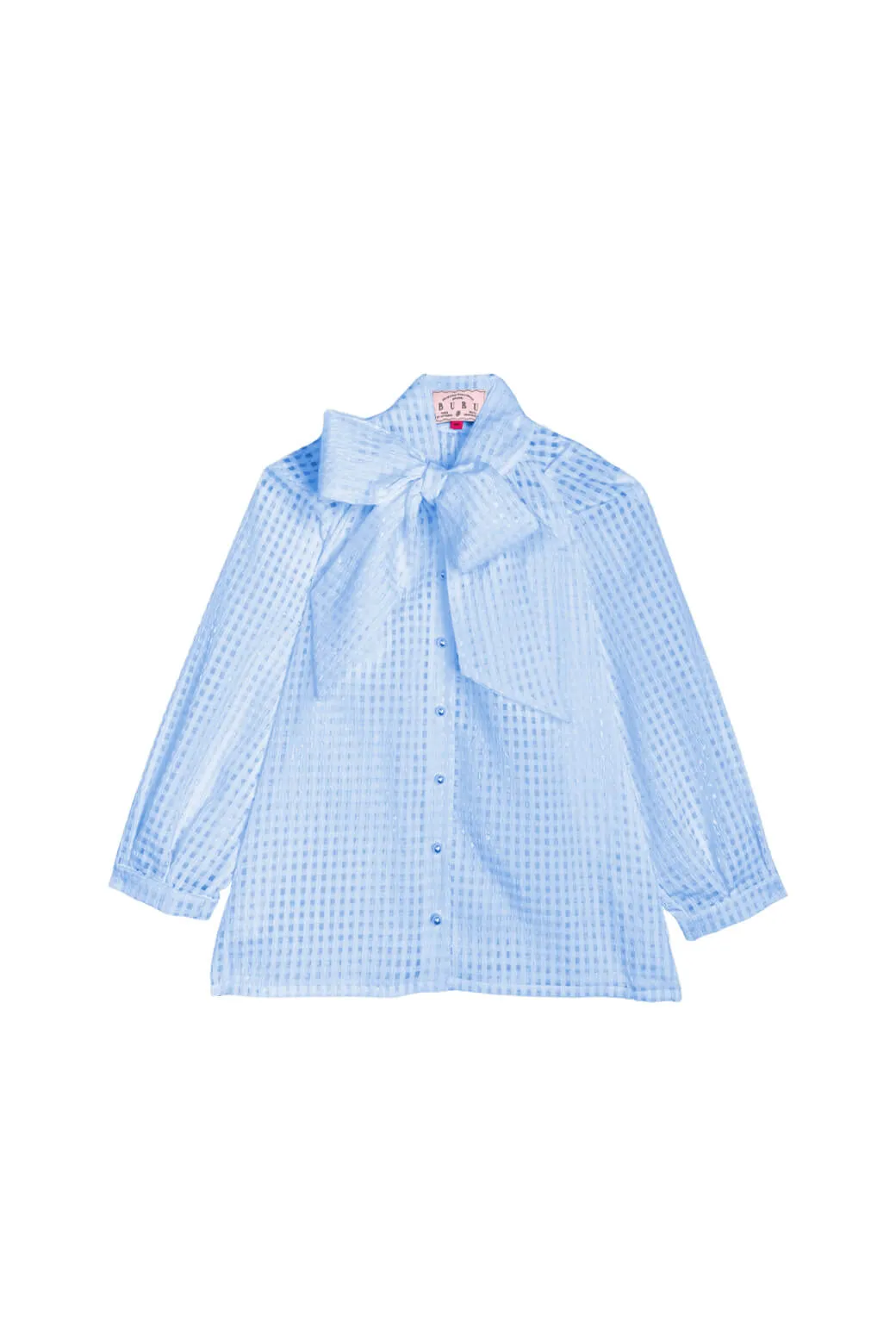 Smooth Stitching Big Bow Blouse - Blue Sheer Gingham