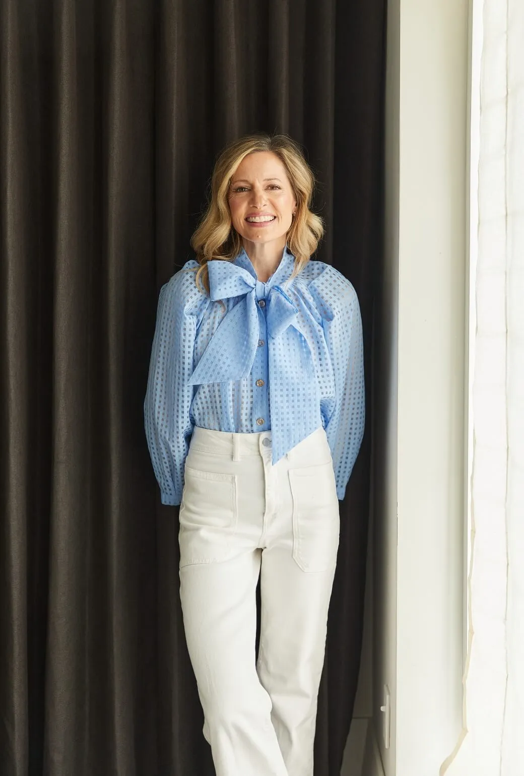 SeamlessDesign HighElasticity Thread Big Bow Blouse - Blue Sheer Gingham