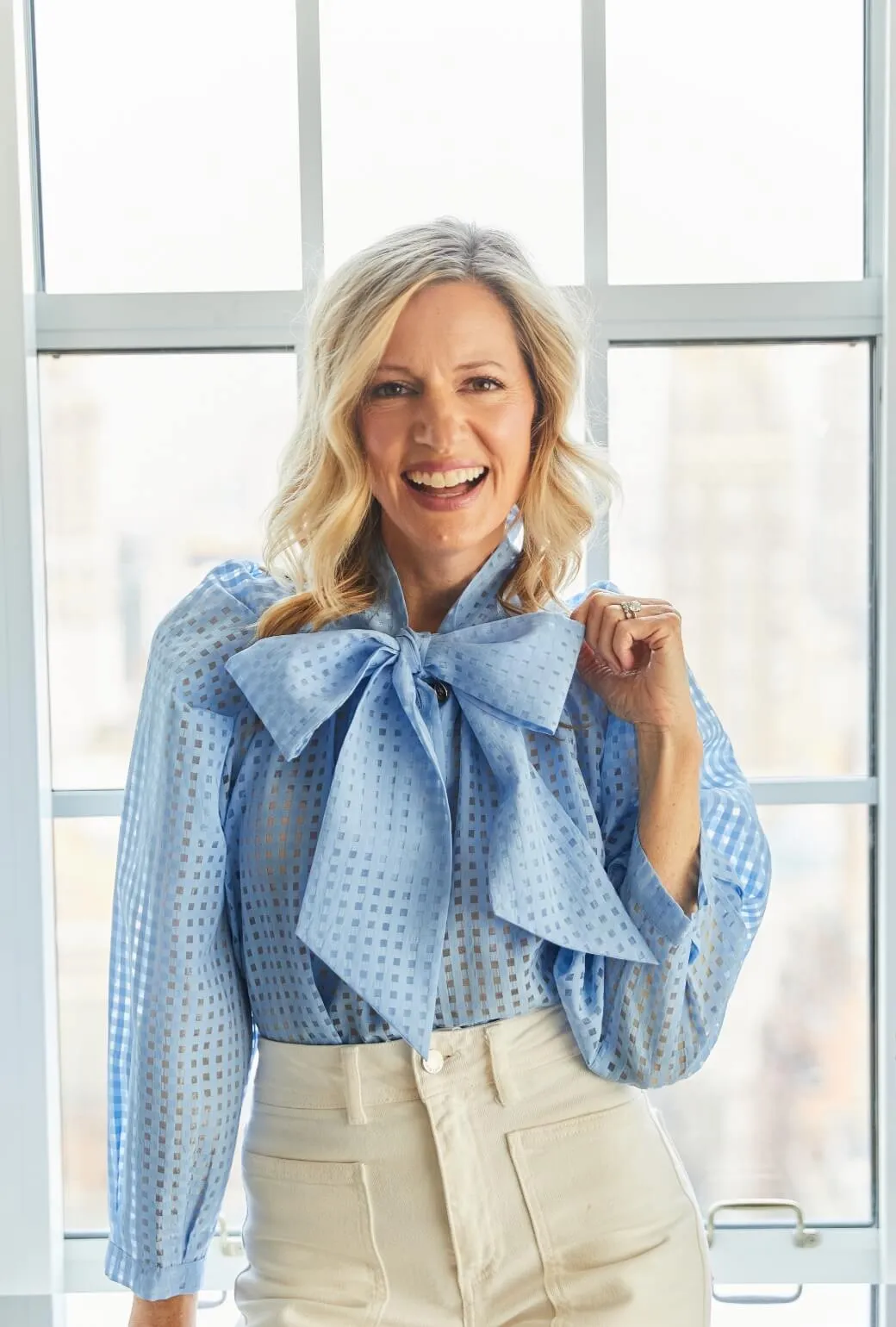 Subtle Texture Weave Adjustable Hem Cuff Big Bow Blouse - Blue Sheer Gingham