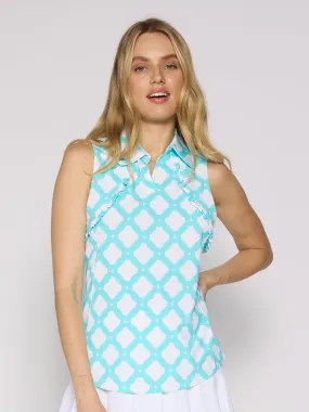 Sporty Blouse Sleeveless Ruffle Polo Top in Circle Geo Caribbean Turquoise