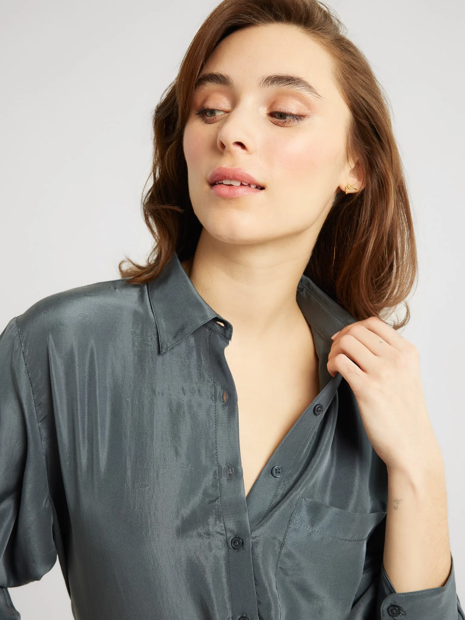 ReflectiveTrimDetails Sofia Top in Navy Washed Silk