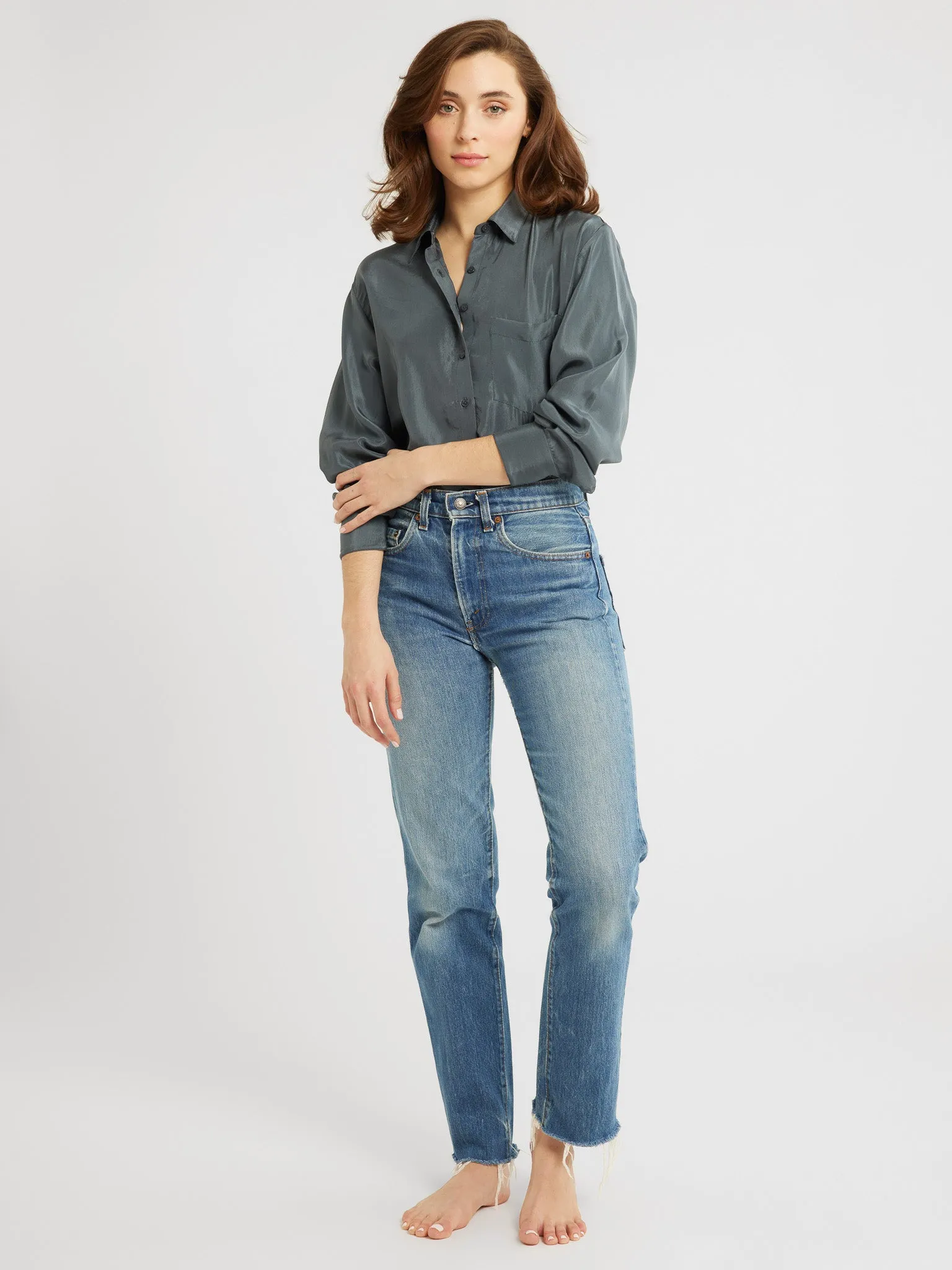Sofia Top in Navy Washed Silk ReflectiveTrim