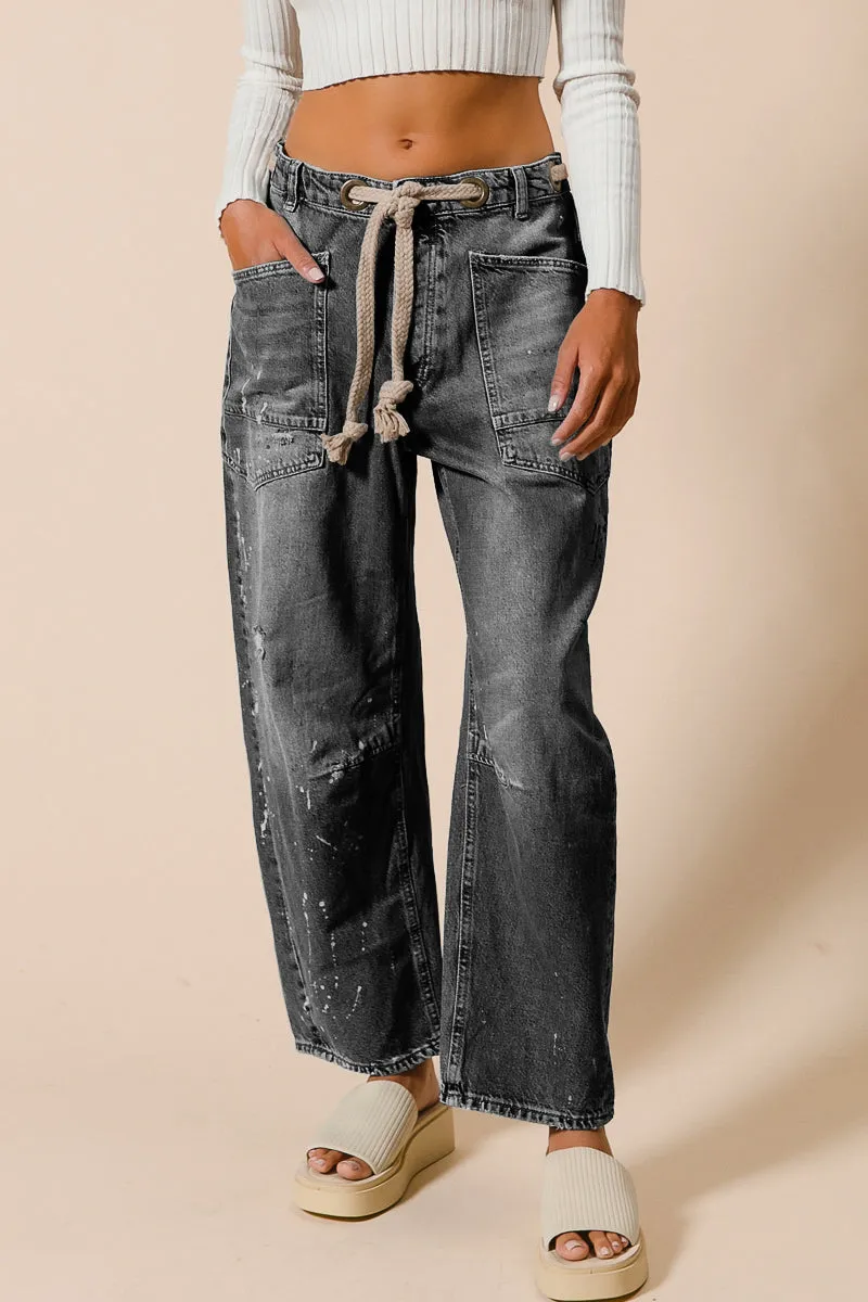 All Occasion Water resistant coating IB1537-01 | BRAIDED WAIST BELT DRIP PAINT WASHED DENIM PANTS