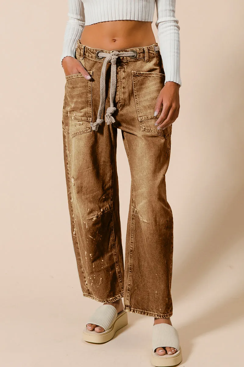 Cool Weather IB1537-01 | BRAIDED WAIST BELT DRIP PAINT WASHED DENIM PANTS